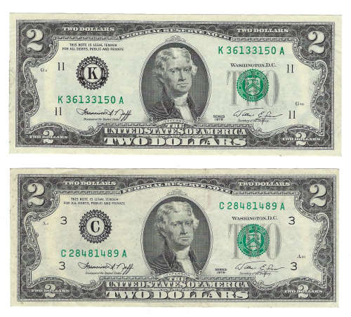 United States $2 banknotes x 2. Bid per note to take both