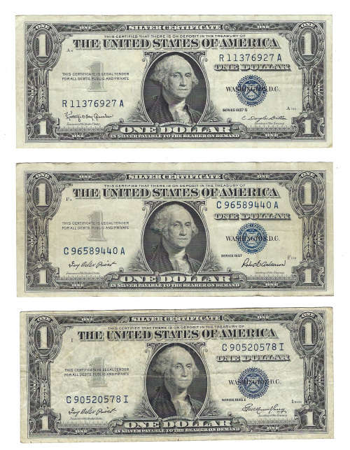 United States $1 Silver Certificate banknotes x 3. Bid per note to take all