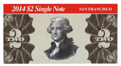 United States 2014 $2 San Francisco Single Note starting with serial number 2014 Unc