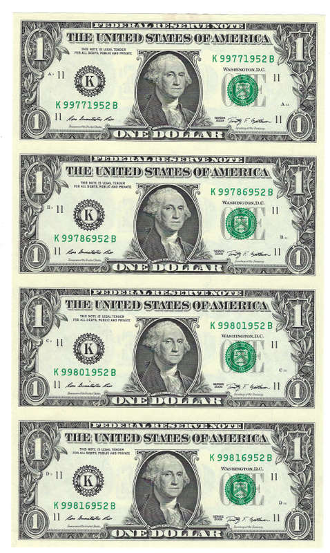 United States 2009 $1 Plate sheet of 4 x $1 bills in presentation folder Unc