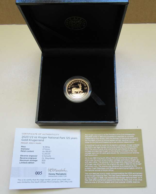 2023 Proof 1/2 Oz Kruger National Park 125 year Gold Krugerrand with 125 year Privy mark