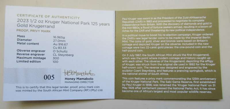 2023 Proof 1/2 Oz Kruger National Park 125 year Gold Krugerrand with 125 year Privy mark