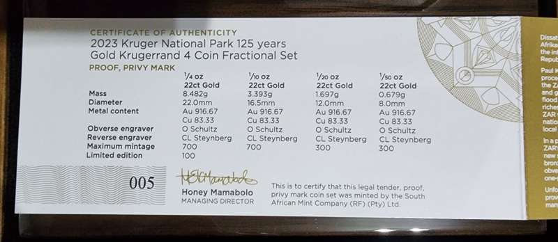 2023 Proof Kruger National Park 125 year Gold Krugerrand 4 Coin Fractional set with 125 year Privy