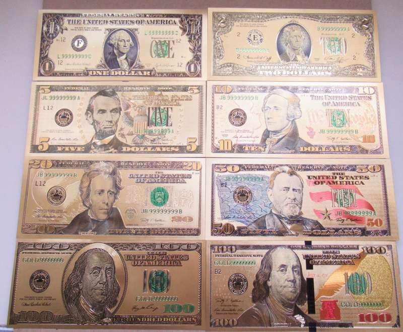 USA Dollar Gold foil set of 8 notes