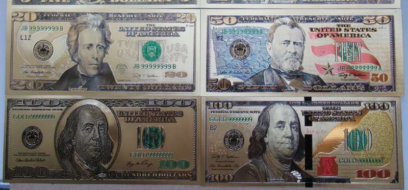 USA Dollar Gold foil set of 8 notes