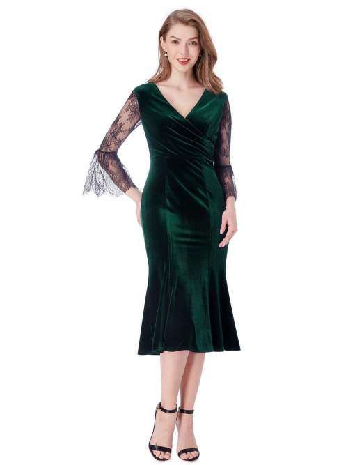 V Neck Velvet Midi Cocktail Dresses