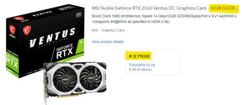 !! 12GB DDR6 RTX 2060 VENTUS !! OC GPU R12,000 - AS NEW!!