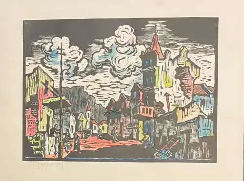 SIGNED!! GREGOIRE BOONZAIER PASTEL LINOCUT HAND-COLOURED SET IN DISTRICT SIX SIGNED AND DATED 1979