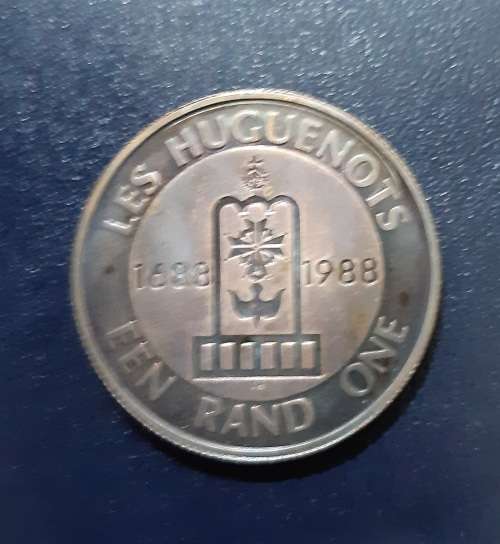 1988 PROOF SILVER LES HUGUENOTS ONE RAND COIN IN SAM BOX