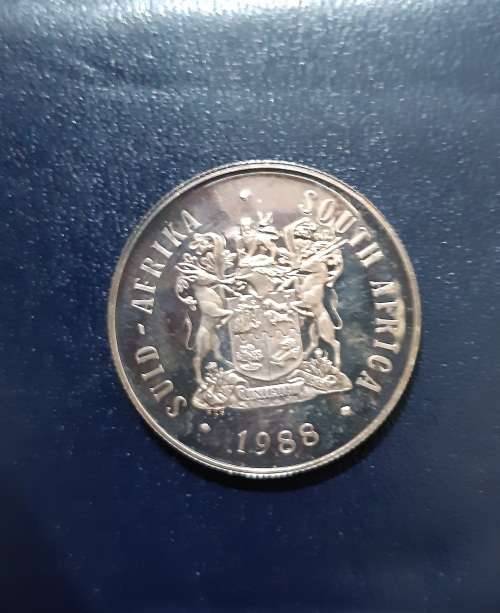 1988 PROOF SILVER LES HUGUENOTS ONE RAND COIN IN SAM BOX