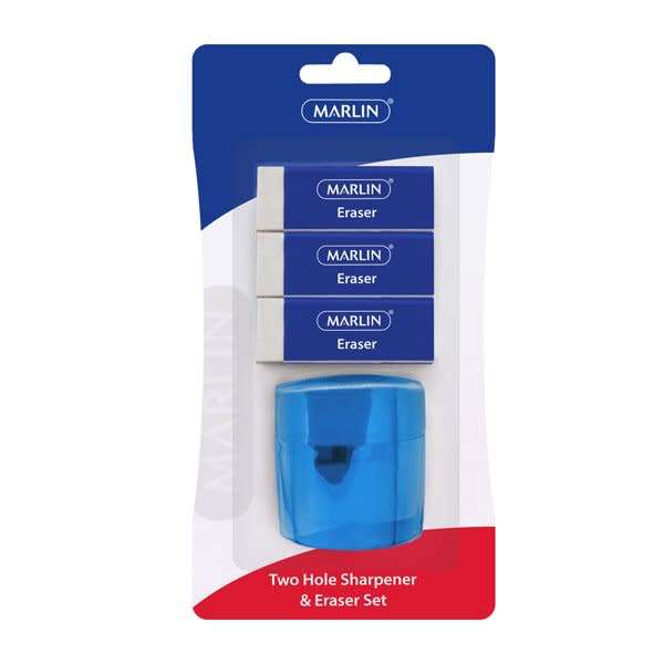 Marlin Eraser 3 Pack 60 x 20 x 10mm + 2 Hole Sharpener with Container