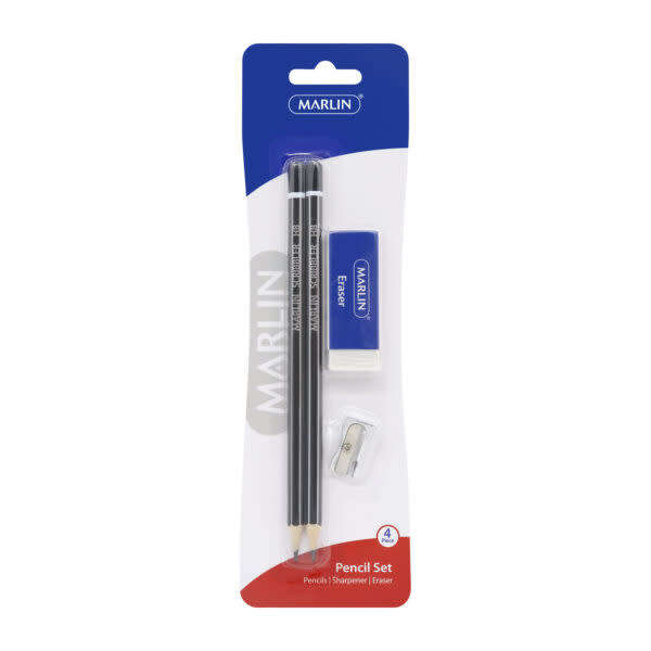 Marlin HB Pencil Combo: 2 HB pencils + 1 hole Metal Sharpener + Eraser 60x20x10mm