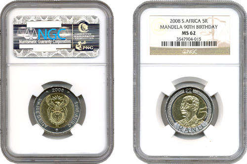 *** 2008 MANDELA 90TH BIRTHDAY R5 - NGC GRADED MS62 ***
