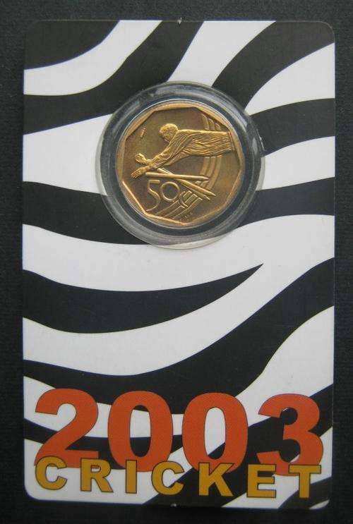 *** 2003  CRICKET PROOF 50C IN HOLDER AS ISSUED BY SA MINT ***