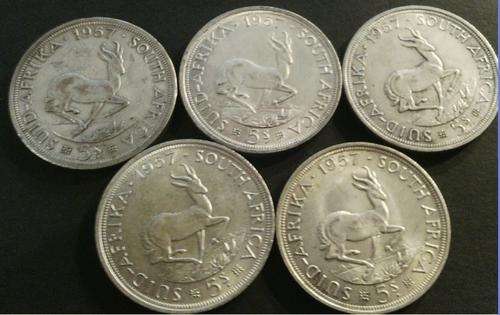 ### 1957 UNION 5 SHILLINGS(CROWN) - 50% SILVER!!! ###