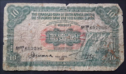 *** RARE *** 10 SHILLINGS - STANDARD BANK OF SOUTH AFRICA - WINDHOEK NOTE  ***