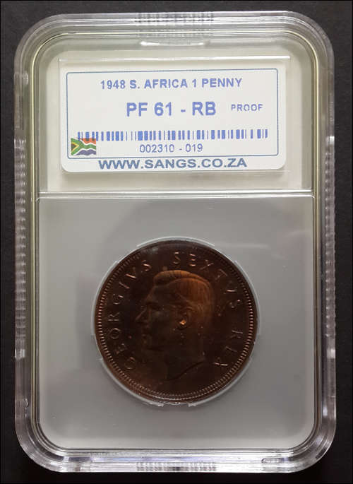 *** 1948 - UNION OF SA 1 PENNY PROOF - SANGS GRADED PF61 RB ***