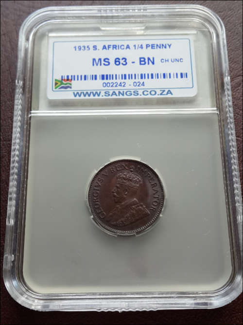 *** 1935 - UNION OF SA 1/4 PENNY - SANGS GRADED MS63 BN ***