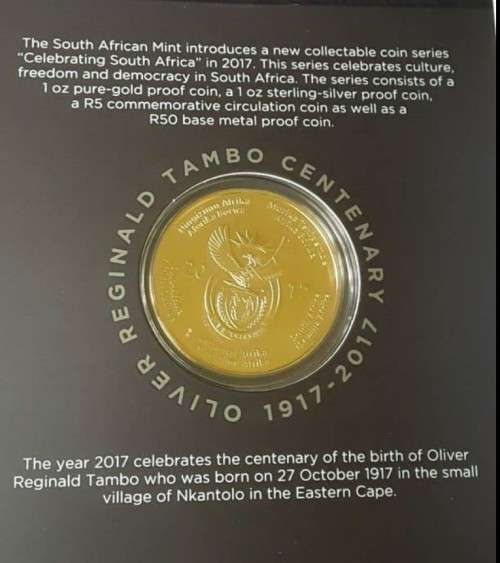 2017 - SA R50 COLLECTABLE PROOF COIN - OLIVER TAMBO - BASE METAL-  IN FOLDER AS ISSUED