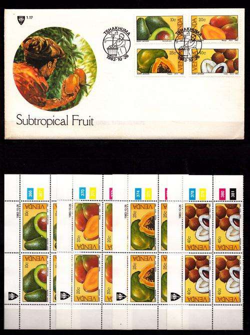 1983 VENDA SUBTROPICAL FRUITS FDC + MATCHING CONTROL BLOCKS