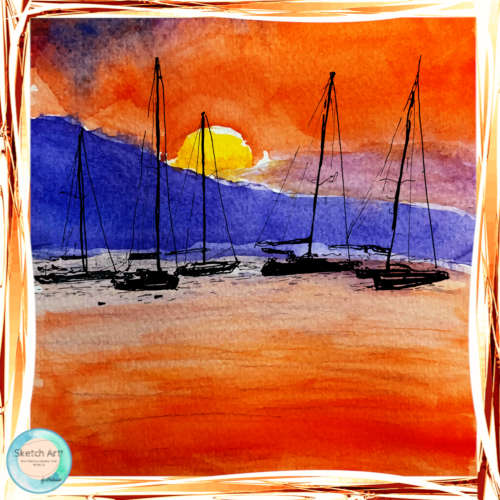 Sailboats at Sunset by Orlando Castro - NFT Original Art