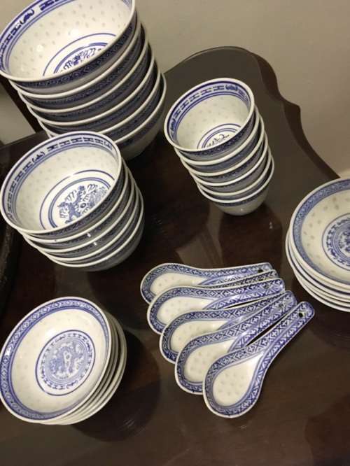 Chinese Dragon Rice Grain Pattern Porcelain Tableware circa 1980's
