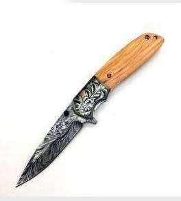 Folding Knife Damascus Pattern and wood handle - 22cm
