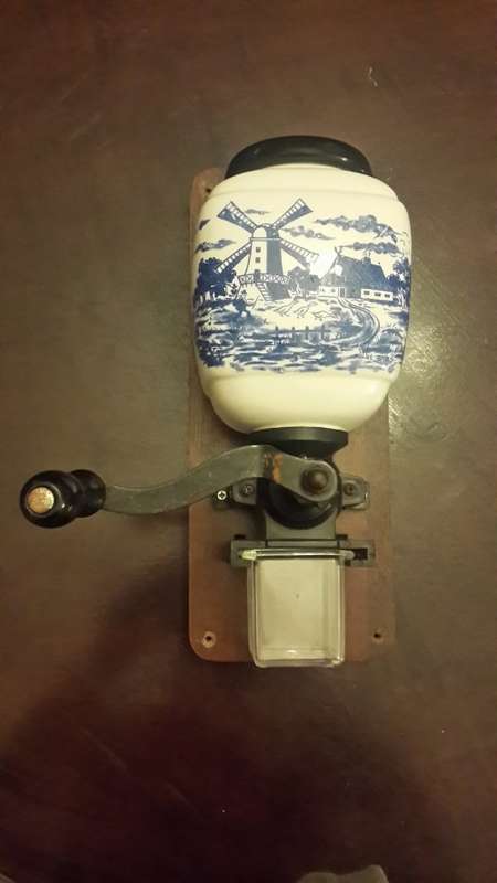 VINTAGE PORCELAIN MOUNTED COFFEE GRINDER