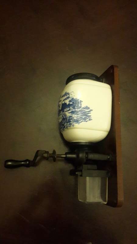 VINTAGE PORCELAIN MOUNTED COFFEE GRINDER