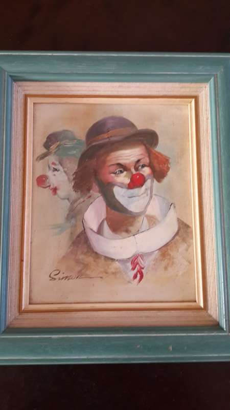VINTAGE ORIGINAL "SIMON" OIL ON CANVAS TWO CLOWNS PAINTING (VERY POPULAR IN AMERICA)