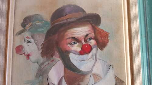 VINTAGE ORIGINAL "SIMON" OIL ON CANVAS TWO CLOWNS PAINTING (VERY POPULAR IN AMERICA)