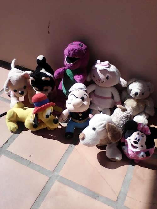 collection of 9 soft toys including Barney/ Minnie mouse / vintage Popeye / Goofy and little Bo Peep
