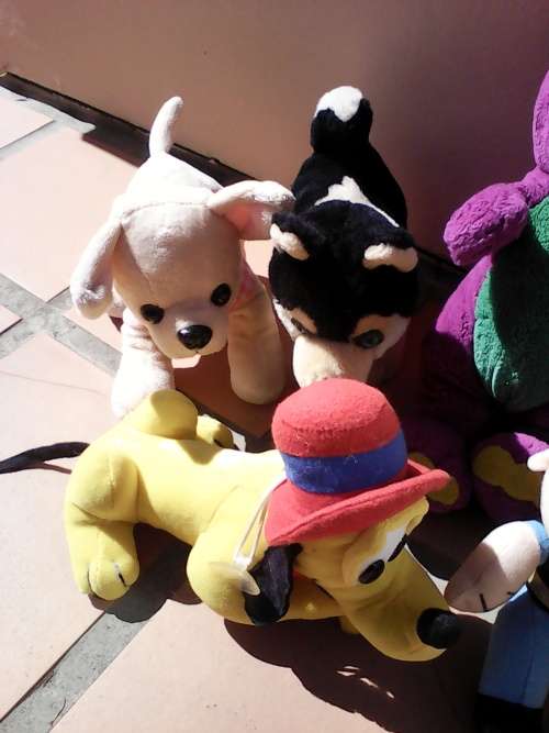 collection of 9 soft toys including Barney/ Minnie mouse / vintage Popeye / Goofy and little Bo Peep