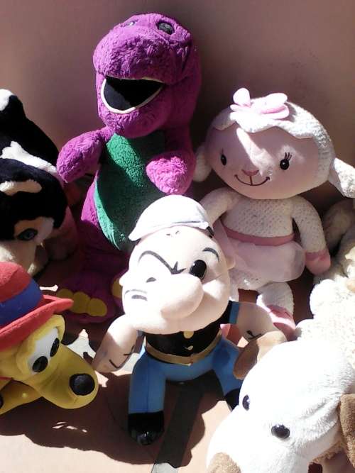 collection of 9 soft toys including Barney/ Minnie mouse / vintage Popeye / Goofy and little Bo Peep