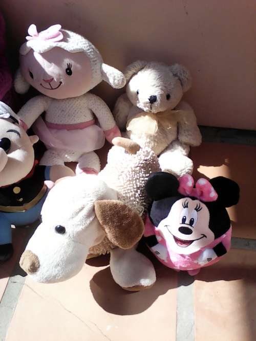 collection of 9 soft toys including Barney/ Minnie mouse / vintage Popeye / Goofy and little Bo Peep