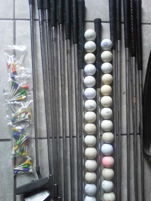 Vintage Leather Golf Bag + Clubs + Balls + T's - Sold As One Lot (See Discription)