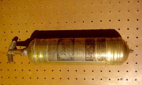 Circa 1914 Pyrene Brass Pump Fire Extinguisher (Canister full & includes original wall mount)