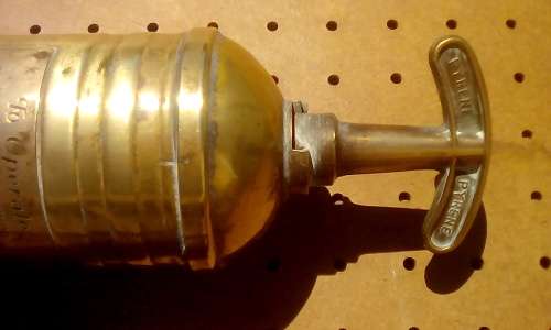 Circa 1914 Pyrene Brass Pump Fire Extinguisher (Canister full & includes original wall mount)