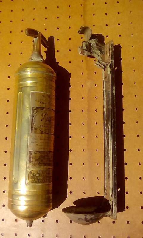 Circa 1914 Pyrene Brass Pump Fire Extinguisher (Canister full & includes original wall mount)
