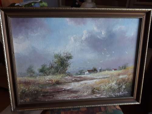 Circa 1970's Oil On Board "Farmhouse' By South African Artist George Bartlett
