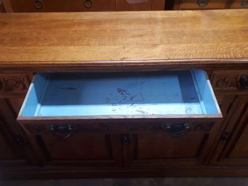 Large Late Victorian Solid Oak Hand Carved Sideboard With Original Iron Handles