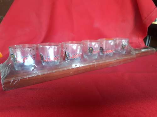 Set of Six Lions Rugby Shooter Glasses On Wooden Tray