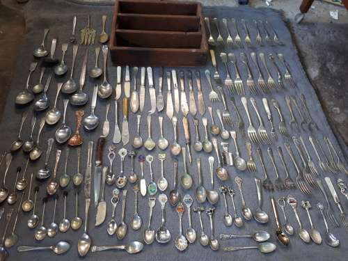 Edwardian Oak Cutlery Tray + 140Pc Assorted Cutlery Victorian / Edwardian / Art Deco / Vintage