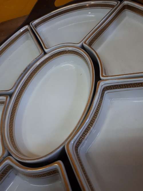 Vintage Booths 7 Division Snack Dish With Original Wooden Serving Tray