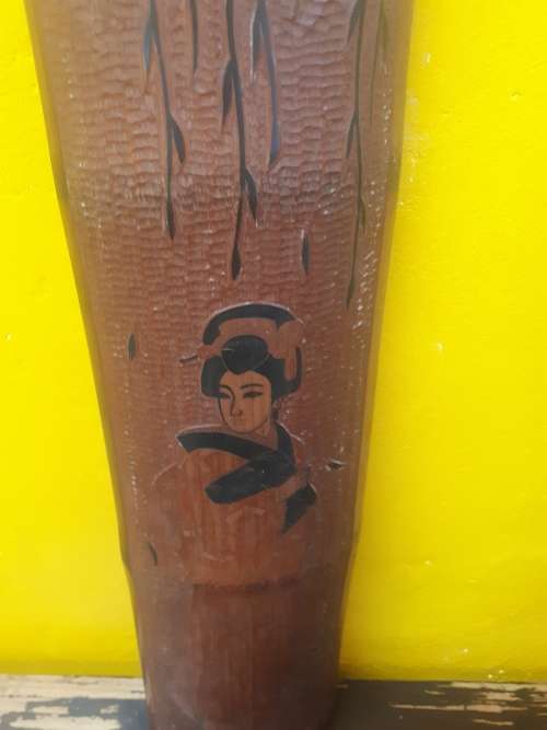Vintage Carved Japanese Geisha On Bamboo