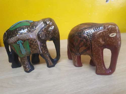 Pair Ceramic Glazed Handpainted Elephants