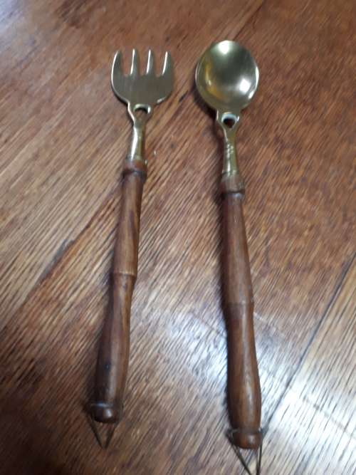 Vintage Brass With Wooden Handles Salad Servers