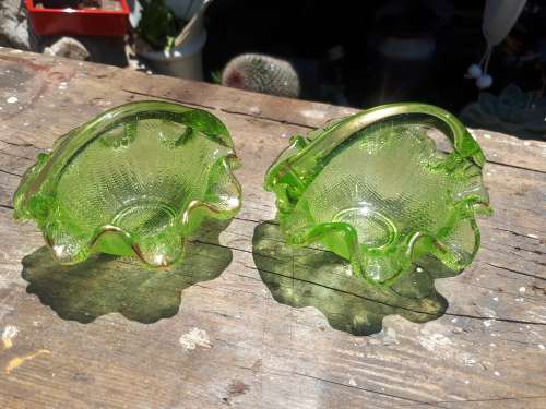 2 x Vintage Green Glass Baskets With Handpainted Gold Detail