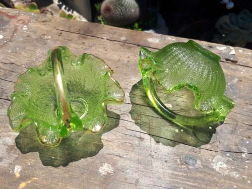 2 x Vintage Green Glass Baskets With Handpainted Gold Detail