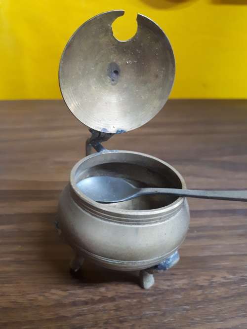 Vintage 3 legged Brass Mustard Pot With Spoon